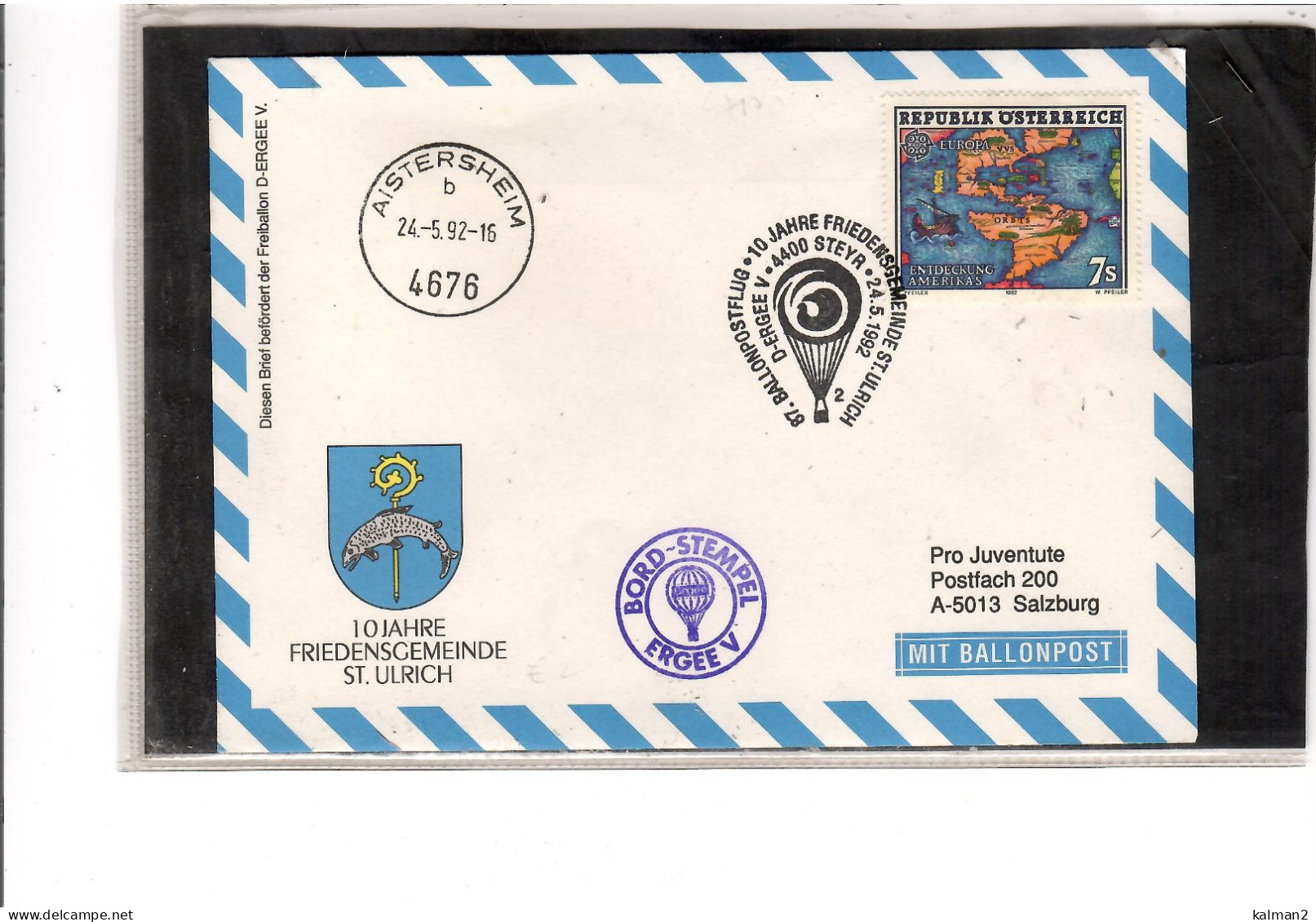 TEM20461 -  STEYR 24.5.1992  /  87. BALLONPOSTFLUG -  NETTO KATALOG NR. 87a   - BALLON "  ERGEE  V  " - Airships