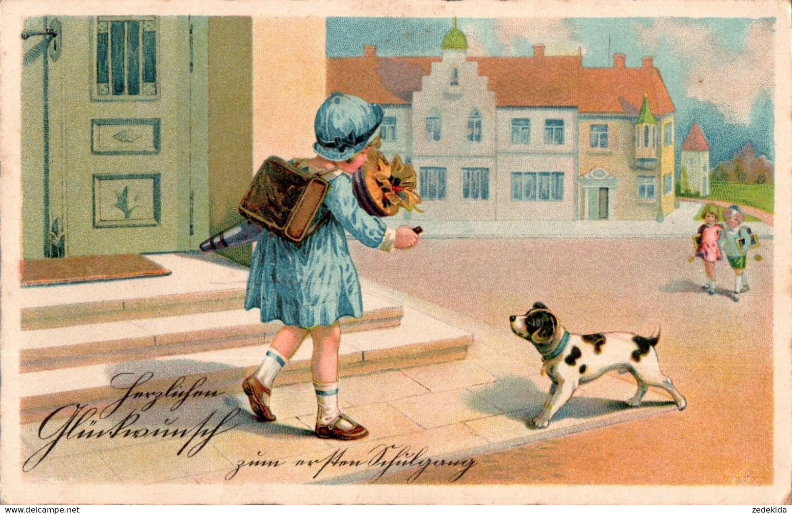 H1040 - Litho Glückwunschkarte Schulanfang - Kleines Mädchen Zuckertüte Hund Dog - Einschulung