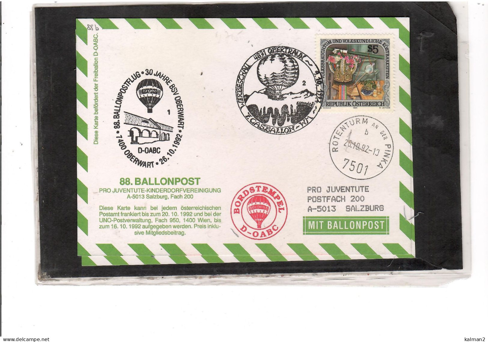 TEM20466 -  OBERWART 26.10.1992  /  88. BALLONPOSTFLUG -  NETTO KATALOG NR. 88b   - BALLON "  D-OABC  " - Airships