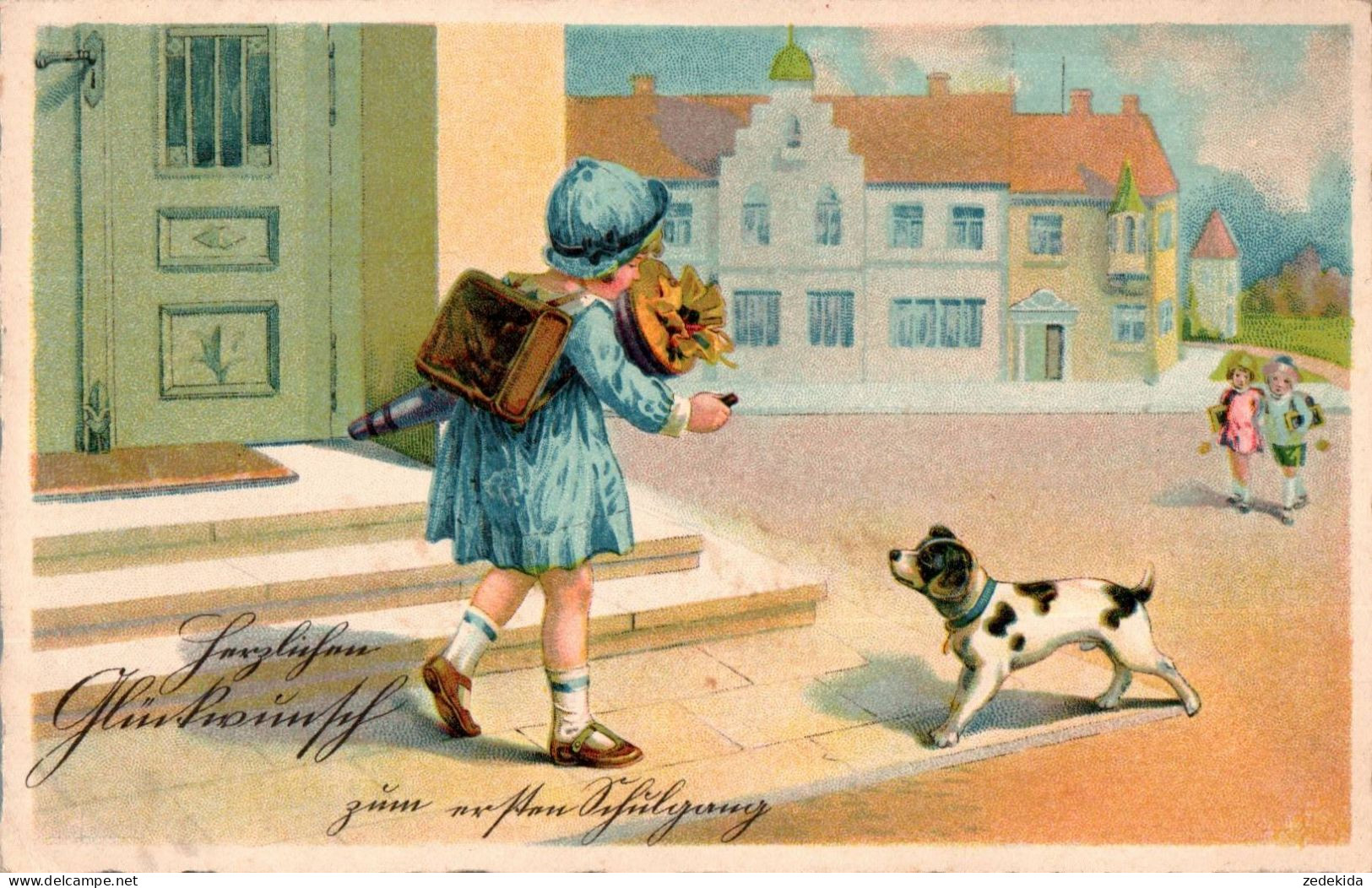 H1043 - Litho Glückwunschkarte Schulanfang - Kleines Mädchen Zuckertüte Hund Dog - Einschulung