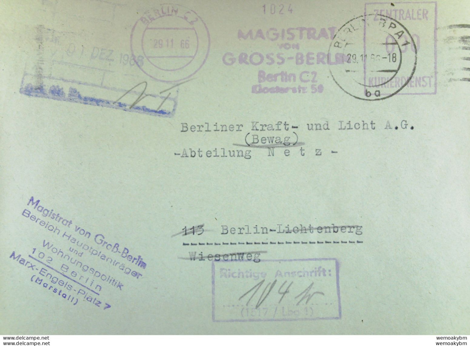 DDR: Brief Mit ZKD-ASF-Stpl. (1024) Und Kontroll-Stpl "Richtige Anschrift.." Vom Magistrat Von Groß-Berlin Vom 29.11.66 - Servicio Central De Correos