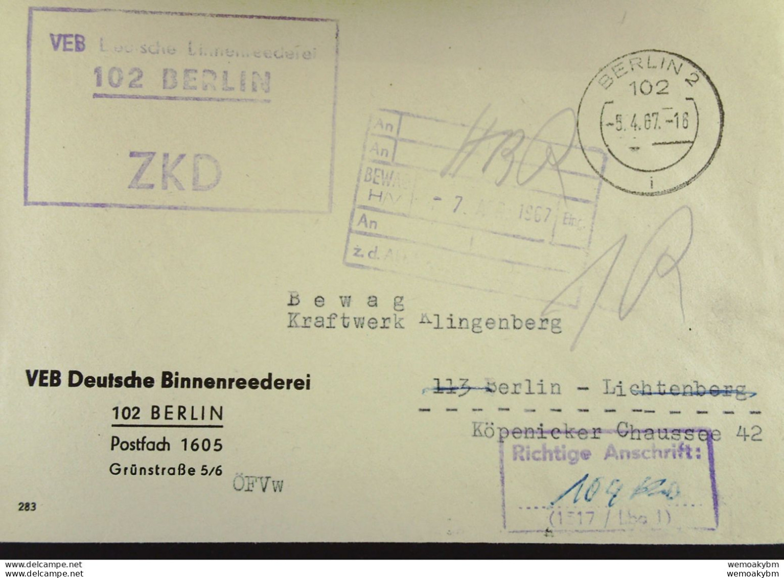 DDR: Brief Mit ZKD-Kasten-Stpl. U Kontroll-Stpl "Richtige Anschrift.." Von VEB Deutsche Binnereederei 102 Berlin V5.4.67 - Servicio Central De Correos
