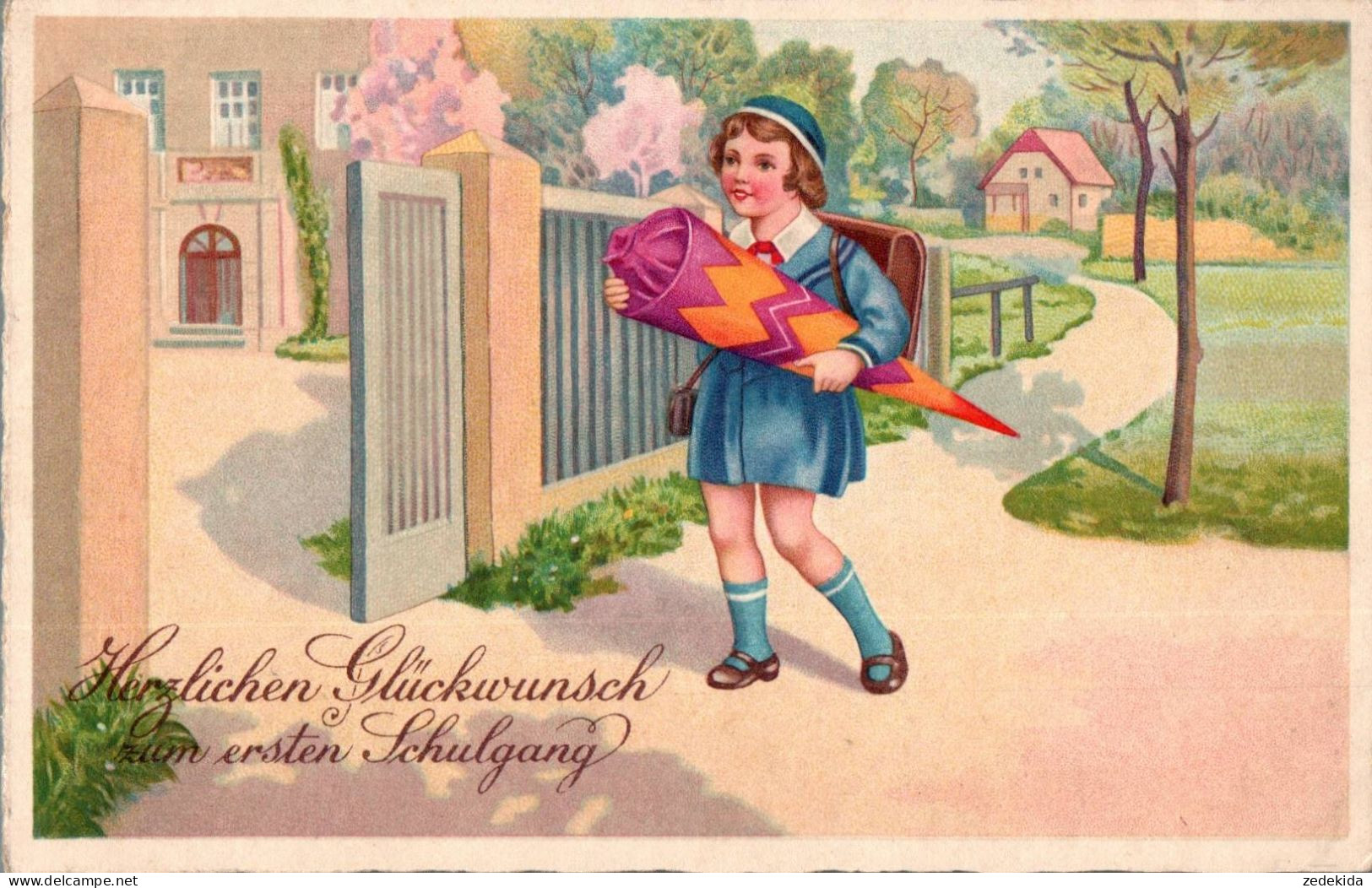 H1046 - Litho Glückwunschkarte Schulanfang - Kleines Mädchen Zuckertüte - Amag - Einschulung