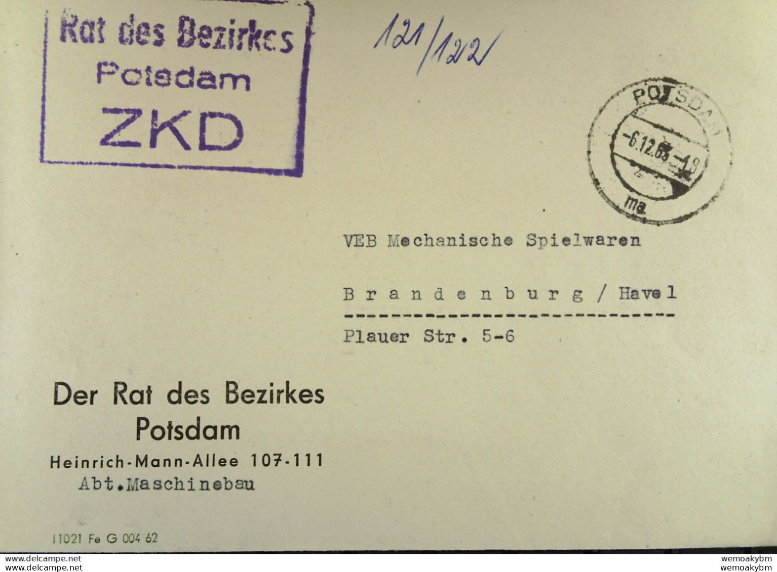 Fern-Brief Mit ZKD-Kastenstempel "Rat Des Bezirkes Potsdam" Vom 6.12.63 Nach Brandenburg - Central Mail Service