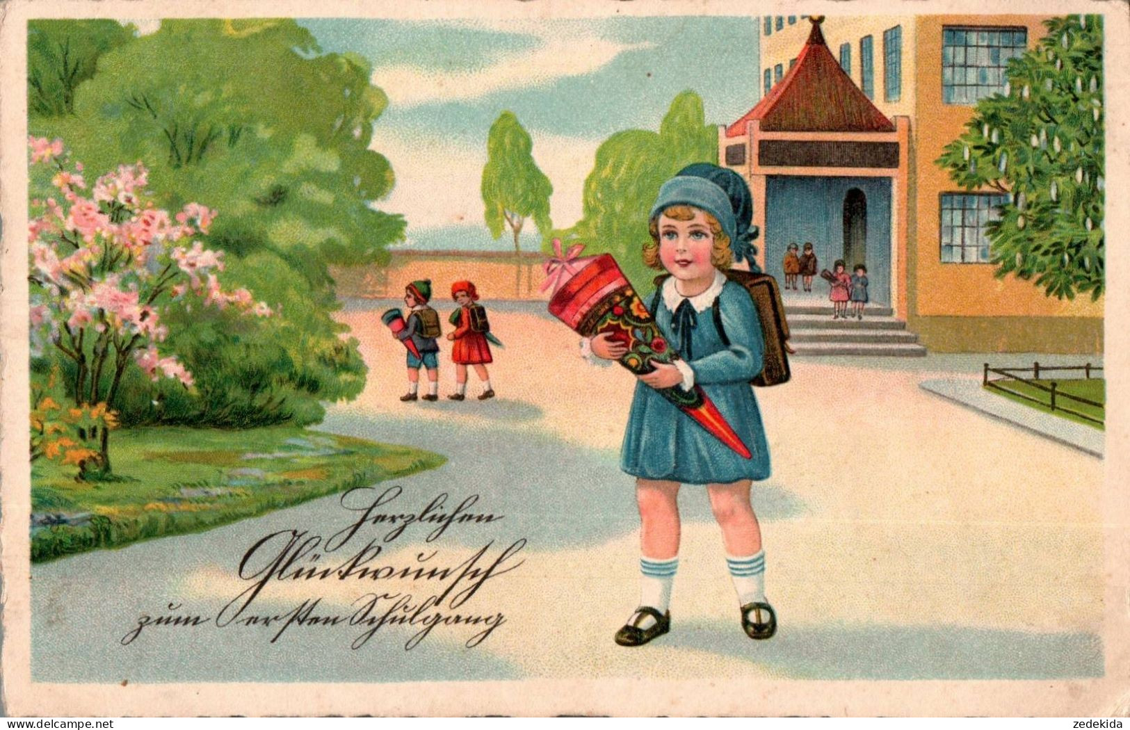 H1048 - Litho Glückwunschkarte Schulanfang - Kleines Mädchen Zuckertüte - Children's School Start