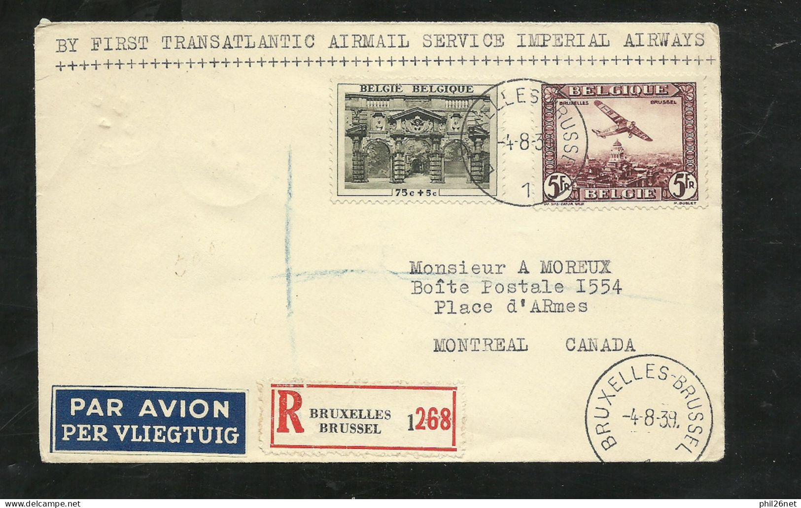 Lettre Recommandée 1er Vol Postal Transatlantique Bruxelles 4/8/1939 à Montréal 6/8/1939  PA N°5 +N° 484 Et 506   B/TB - Storia Postale