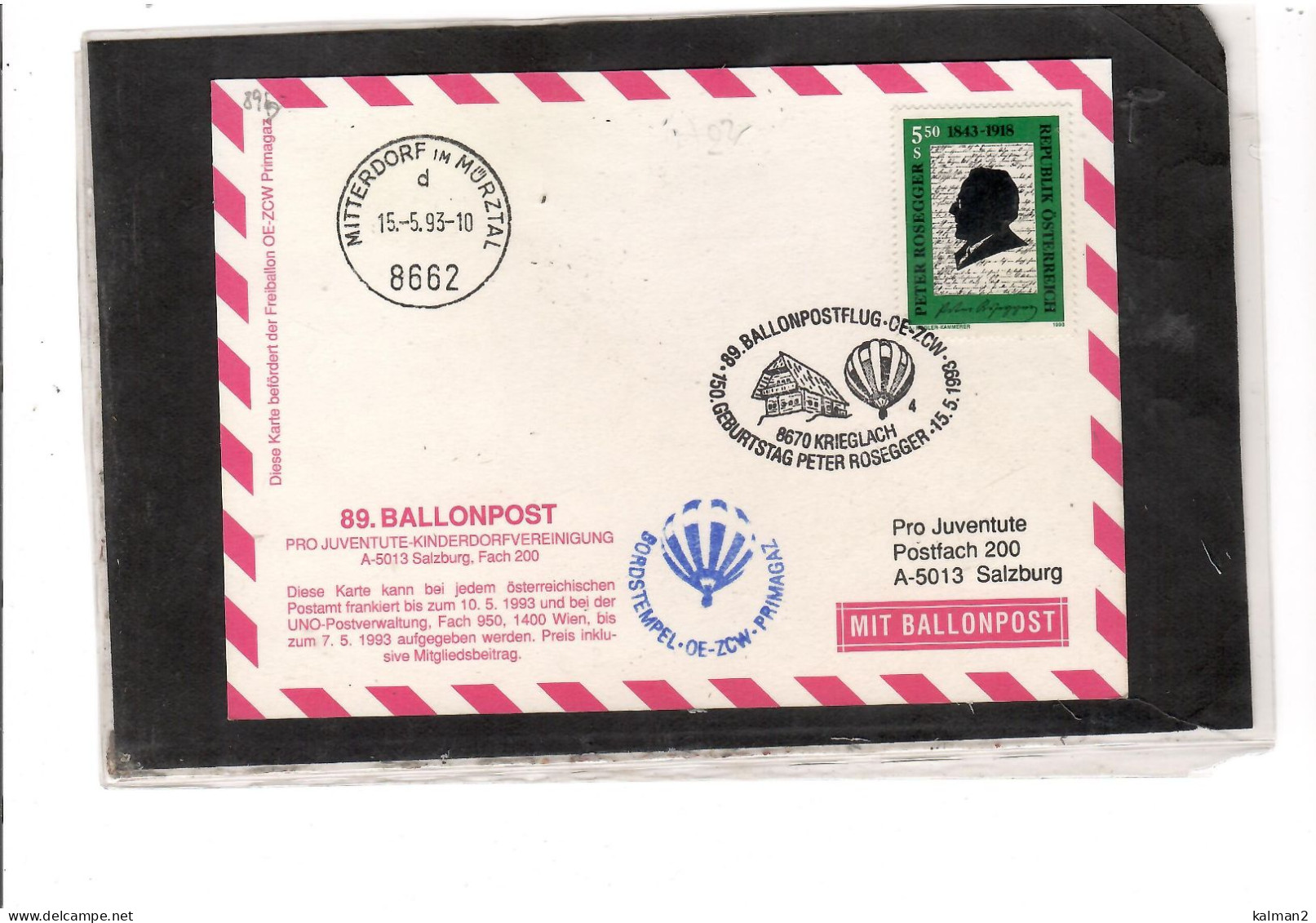 TEM20472 - KRIEGLACH 15.5.1993  /  89. BALLONPOSTFLUG -  NETTO KATALOG NR. 89b   - BALLON "  OE-ZCW " - Airships