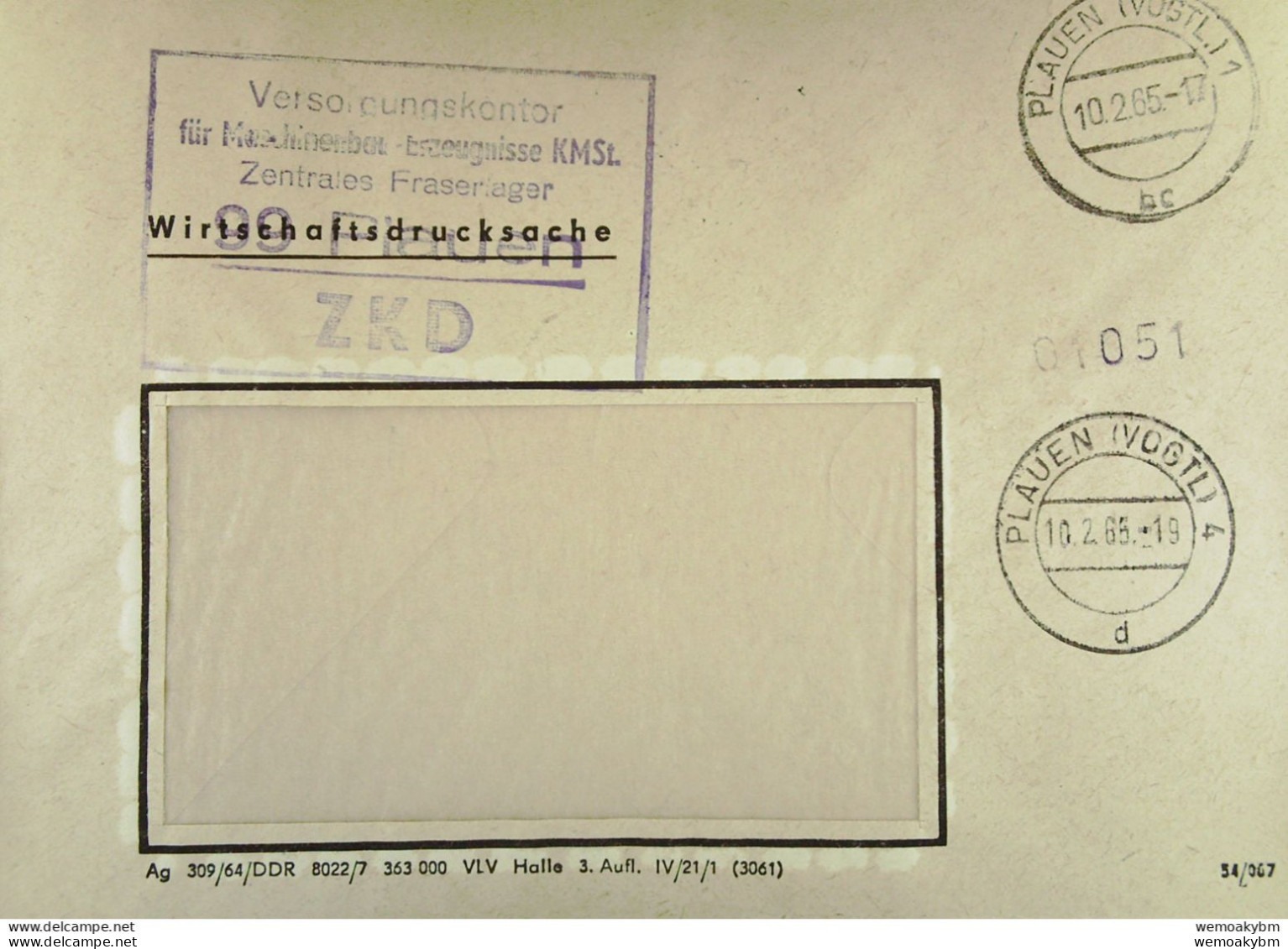 Fern-Brief Mit ZKD-Kastenst. "Versorgungskontor Für Maschinenbau-Erzeugnisse KMST. Zentr. Fräserlager 99 Plauen" 10.2.65 - Central Mail Service