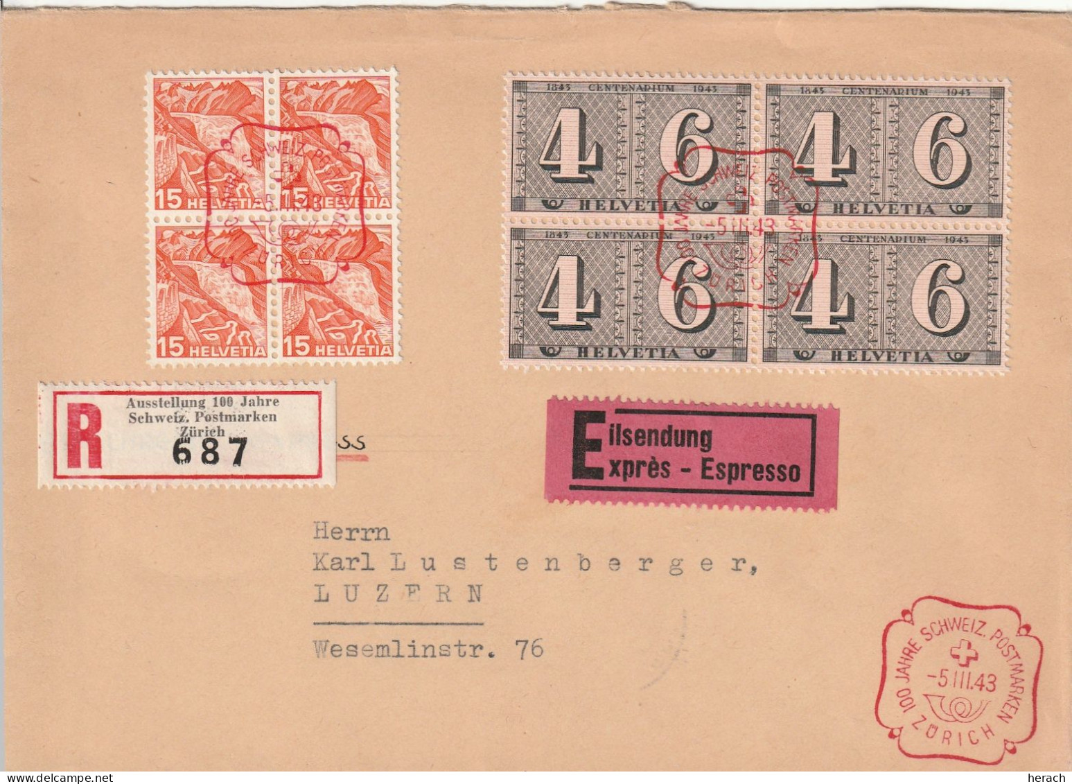 Suisse Lettre Recommandée Par Exprès Zürich 1943 - Marcophilie