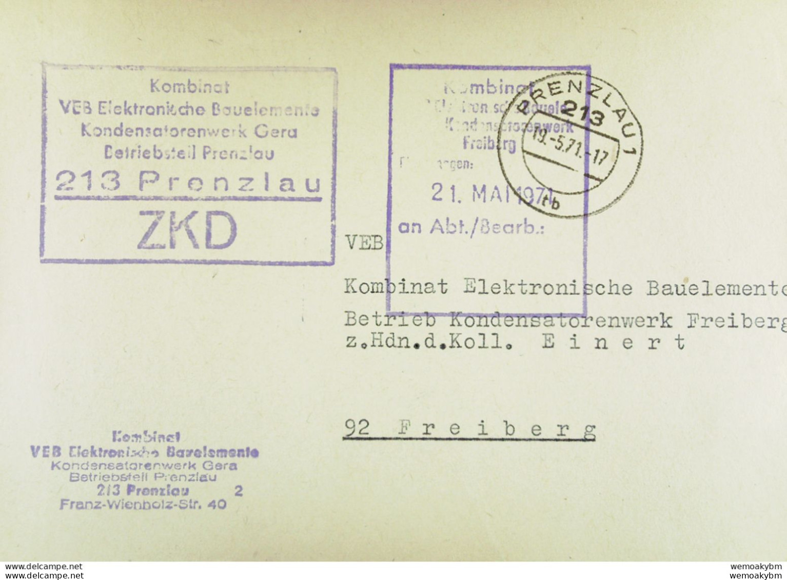 Fern-Brief Mit ZKD-Kastenstpl "Kombinat VEB Elektronische Bauelemente Kondensatorenwerk Gera BT 213 PRENZLAU" V 19.5.71 - Central Mail Service