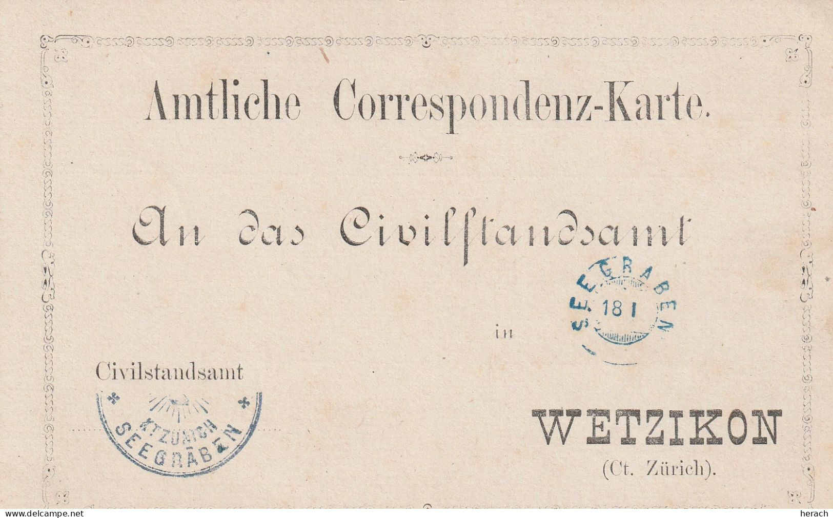 Suisse Carte En Franchise Wetzikon 1880 - Marcophilie