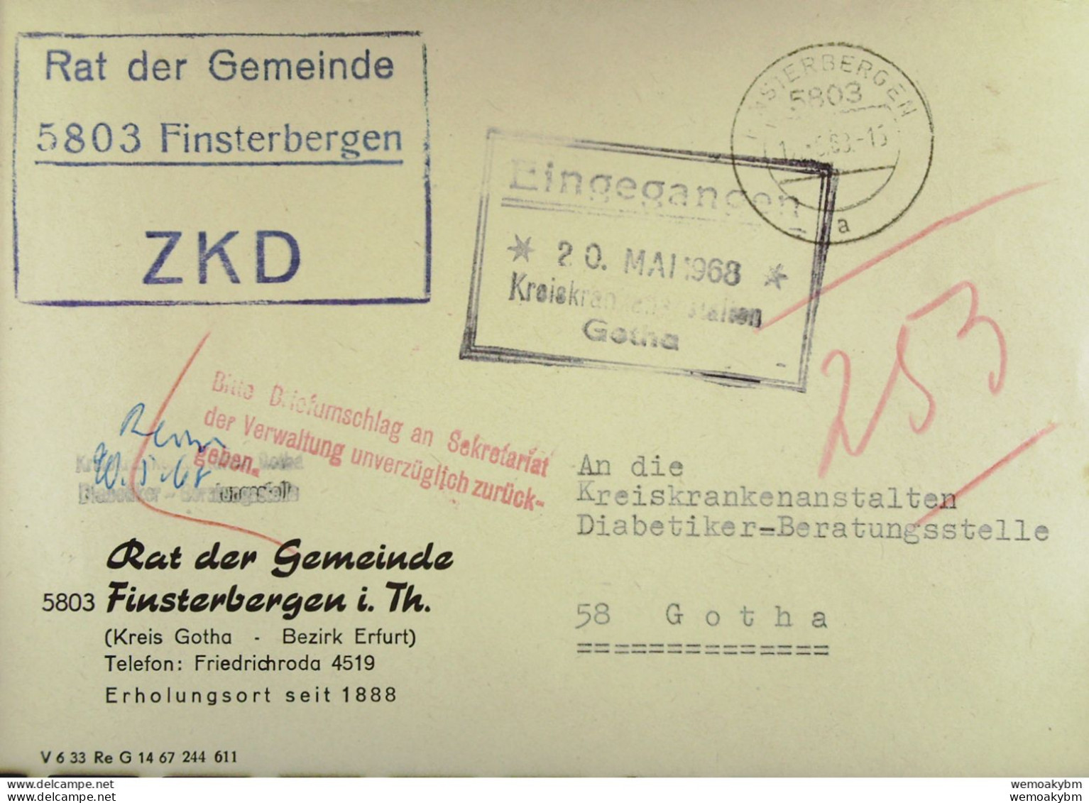 Fern-Brief Mit ZKD-Kastenstempel "Rat Der Gemeinde 5803 Finsterbergen" Vom 19.5.68 An Die Kreiskrankenanstalten Gotha - Centrale Postdienst