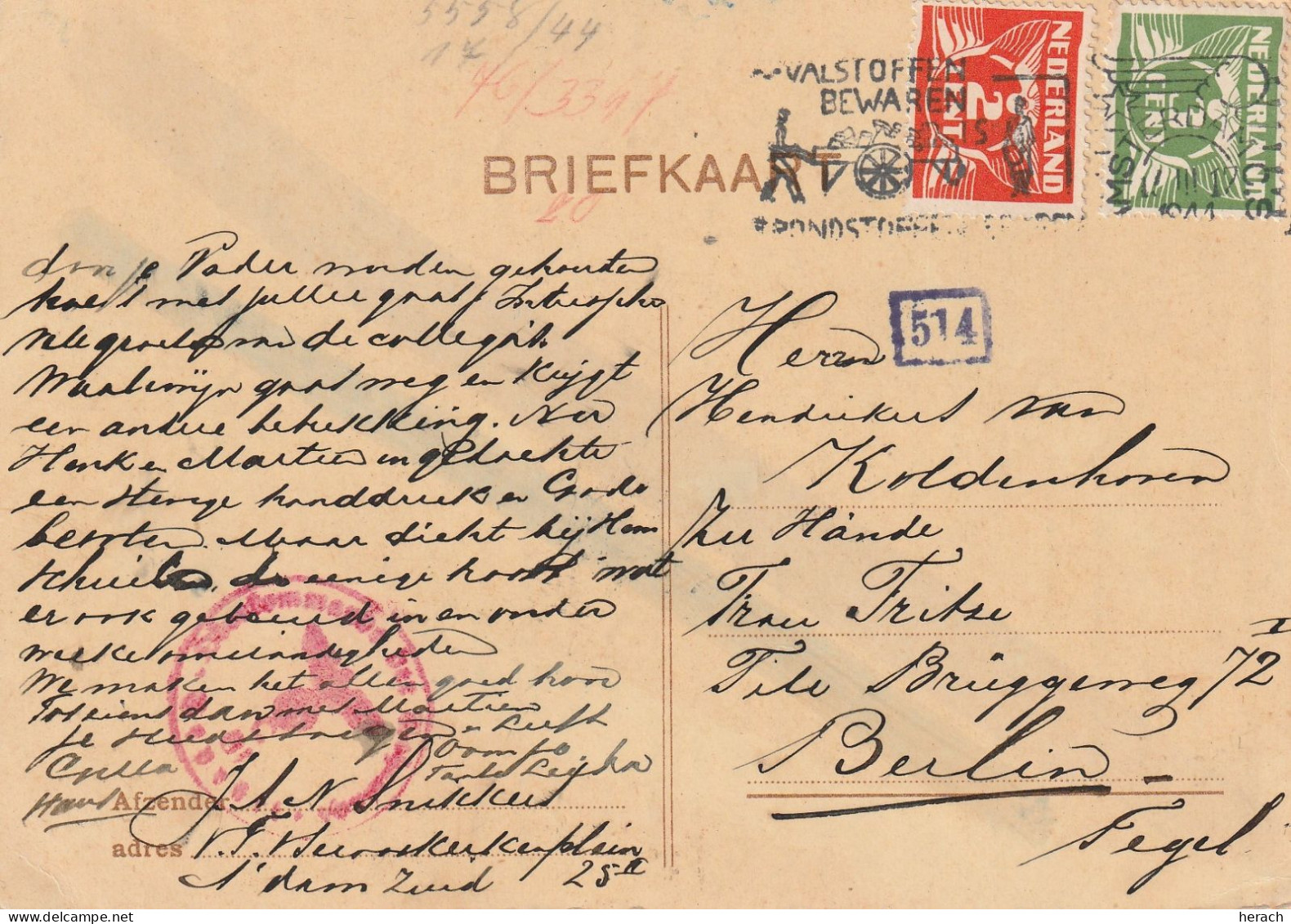 Pays Bas Carte Censurée Pour L'Allemagne 1944 - Poststempel
