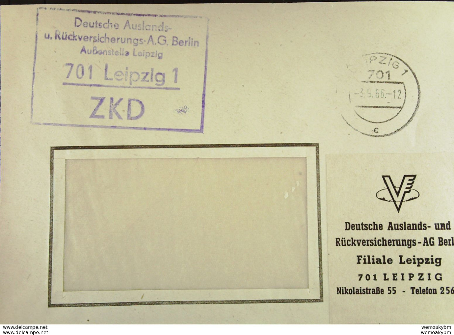 Fern-Brief Mit ZKD-Kastenstpl "Deutsche Auslands- Und Rückversicherungs-AG Berlin Außenstelle 701 Leipzig" Vom 3.9.66 - Central Mail Service