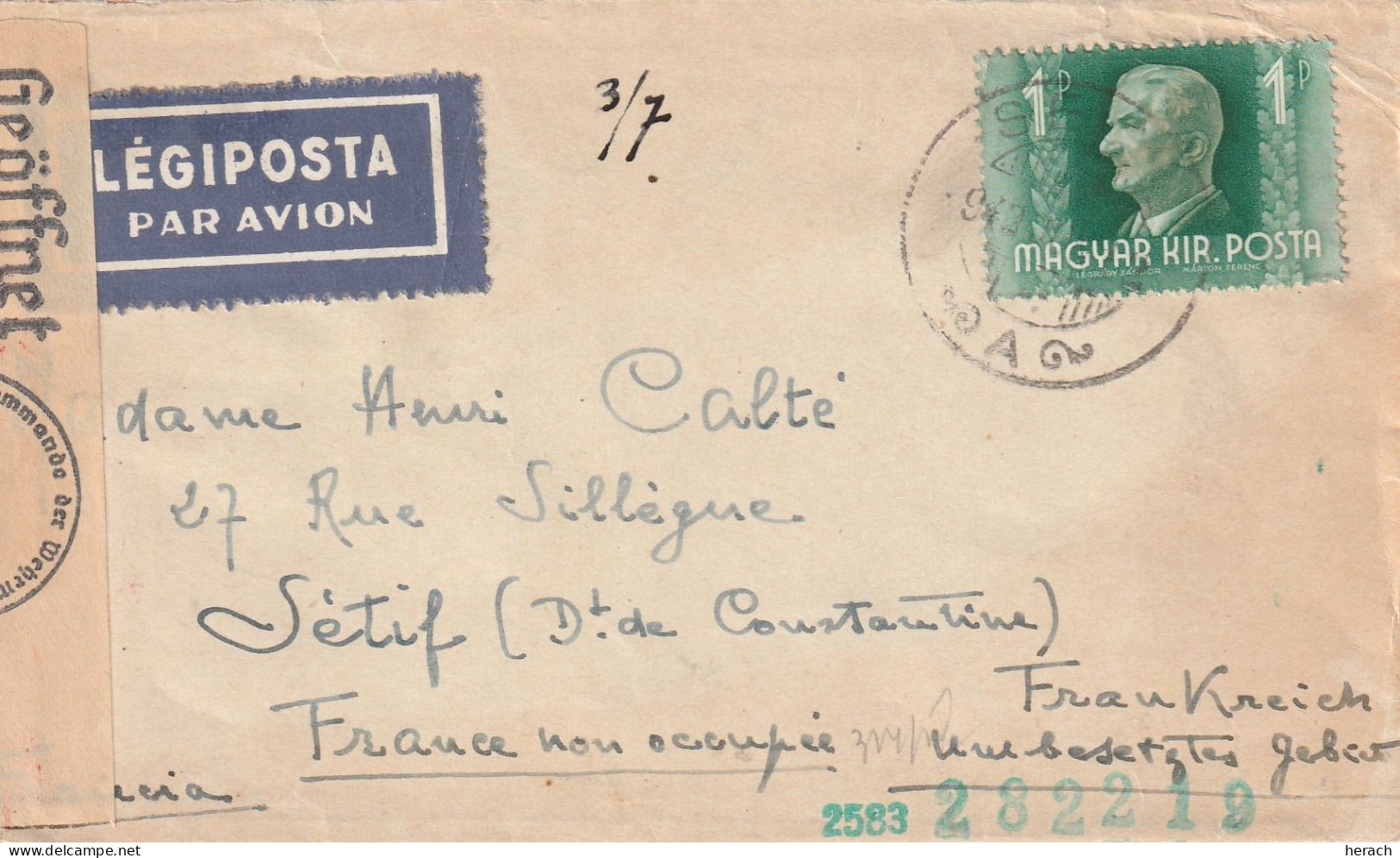 Hongrie Lettre Censurée Pour L'Algérie 1942 - Cartas & Documentos