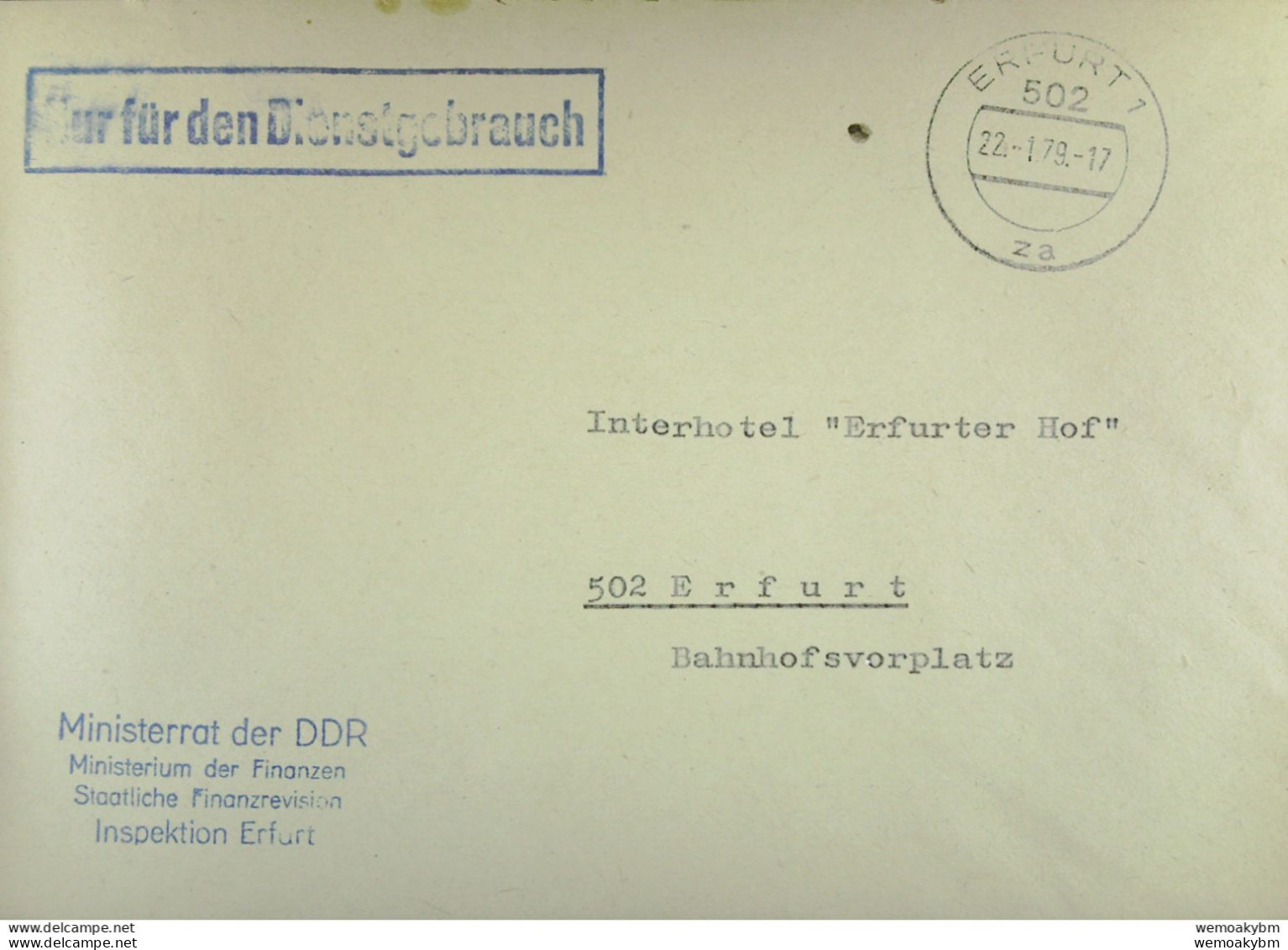 Orts-Brief Mit Viol. NfD-Stpl. Abs.: Ministerrat Der DDR Inspektion Erfurt Vom 22.1.79 An Interhotel "Erfurter Hof" - Covers & Documents