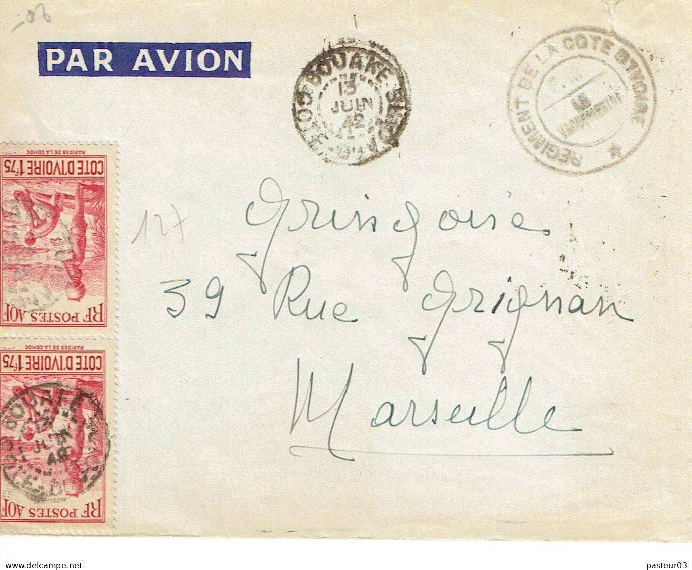 127 X 2 Sur Lettre Par Avion De Bouake Du 13-6-1942 Pour Marseille Cachet Régiment De La Cote D'Ivoire - Lettres & Documents