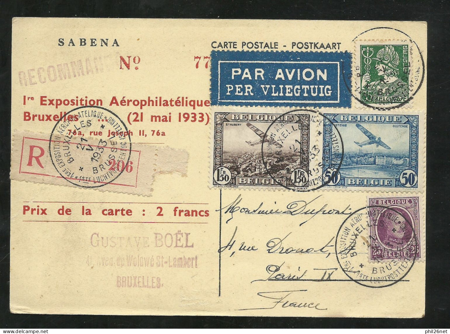 C. P.  SABENA Numérotée.recommandée Exposition Aéro Bruxelles à Paris 21/5/1933  PA N°1 Et 2 Et N° 197 Et 340  B/TB - Storia Postale