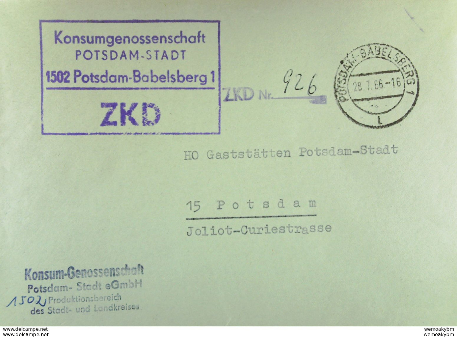 Orts-Brief Mit ZKD-Kastenstpl. "Konsum-Genossenschaft P-Stadt 1502 Potsdam-Babelsberg1" Vom 28.7.66 An HO Potsdam-Stadt - Service Central De Courrier