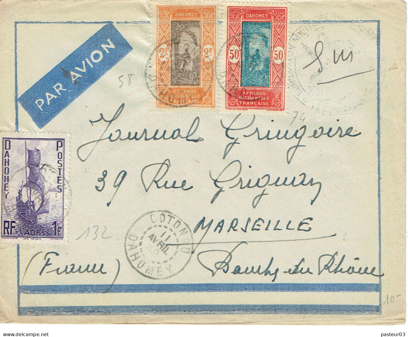 58 Plus 74 Plus 132 Lettre De Cotonou (Dahomey) 11-4-1932 Pour Marseille - Storia Postale