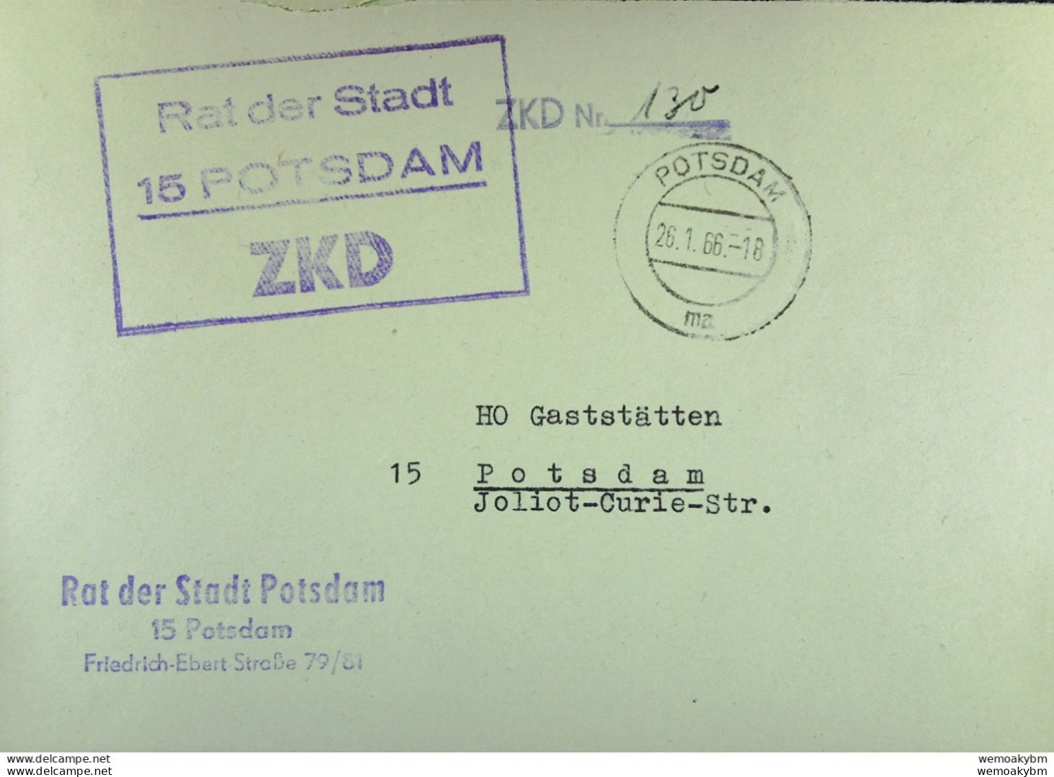 Orts-Brief Mit ZKD-Kastenstempel "Rat Der Stadt 15 Potsdam" Vom 26.1.66 An HO Gaststätten - Central Mail Service