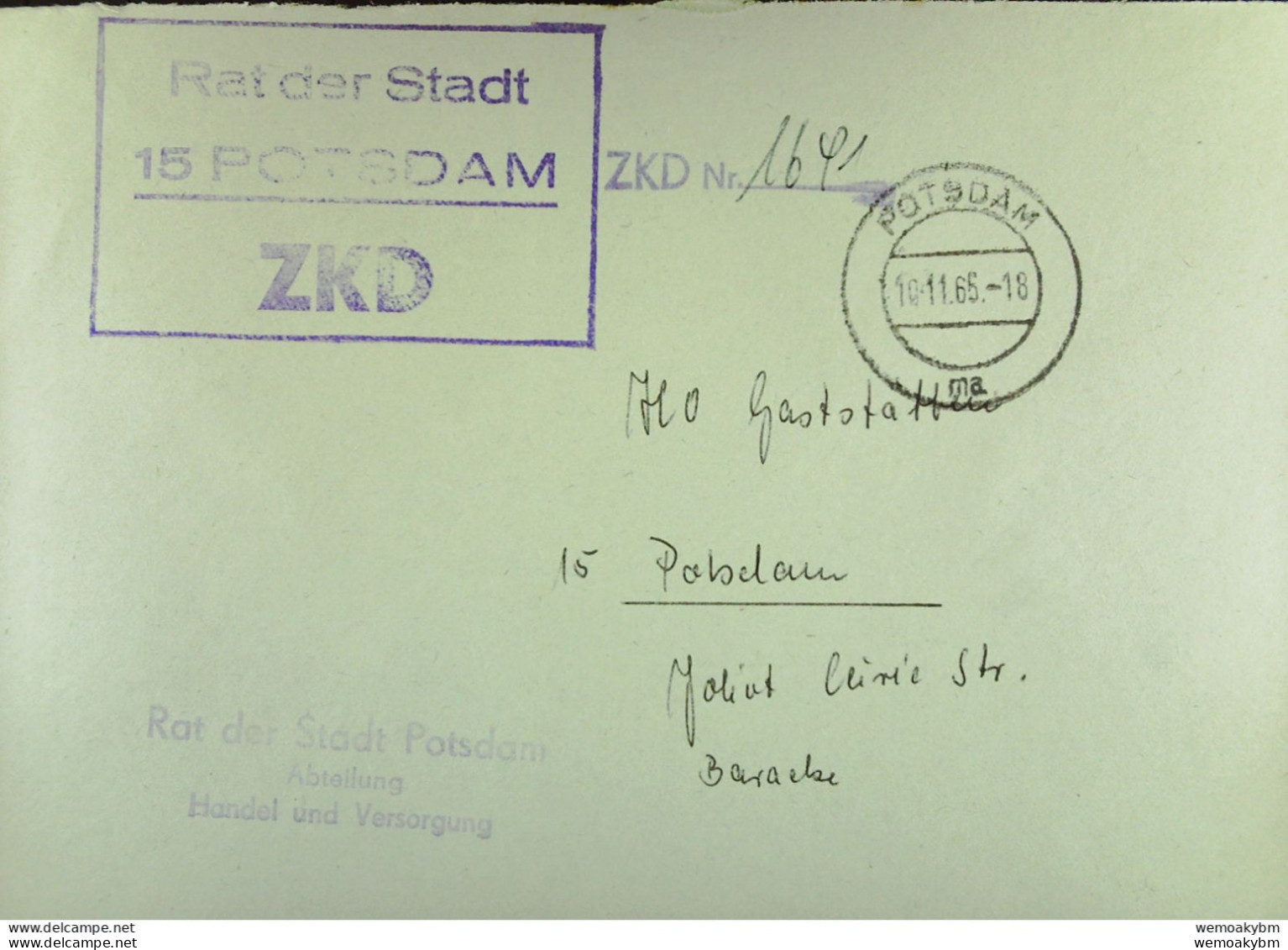 Orts-Brief Mit ZKD-Kastenstpl. "Rat Der Stadt 15 Potsdam" Vom 10.11.65 An HO Gaststätten - Service Central De Courrier