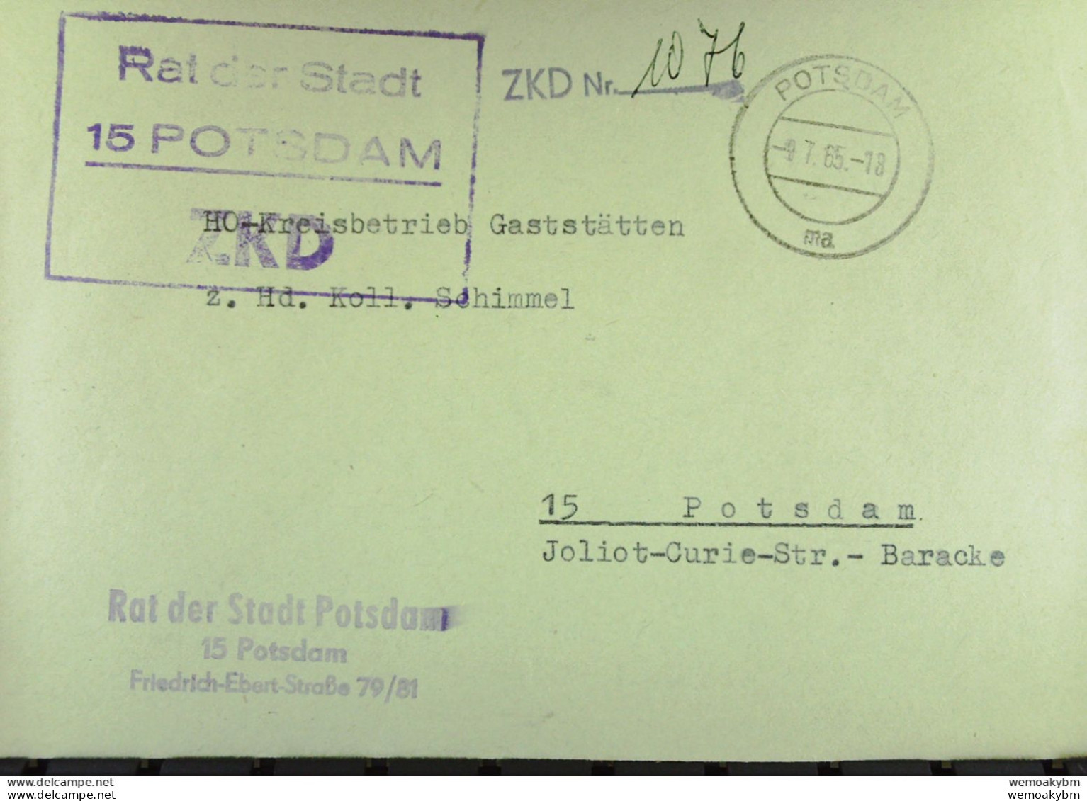 Orts-Brief Mit ZKD-Kastenstempel "Rat Der Stadt 15 Potsdam" Vom 9.7.65 An HO Gaststätten - Service Central De Courrier