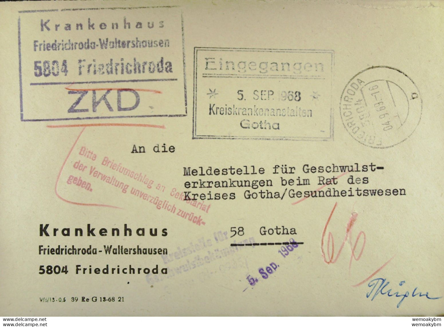 Fern-Brief Mit ZKD-Kastenstempel "Krankenhaus Friedrichroda-Waltershausen 5804 Friedrichroda" Vom 4.9.69 Nach Gotha - Service Central De Courrier