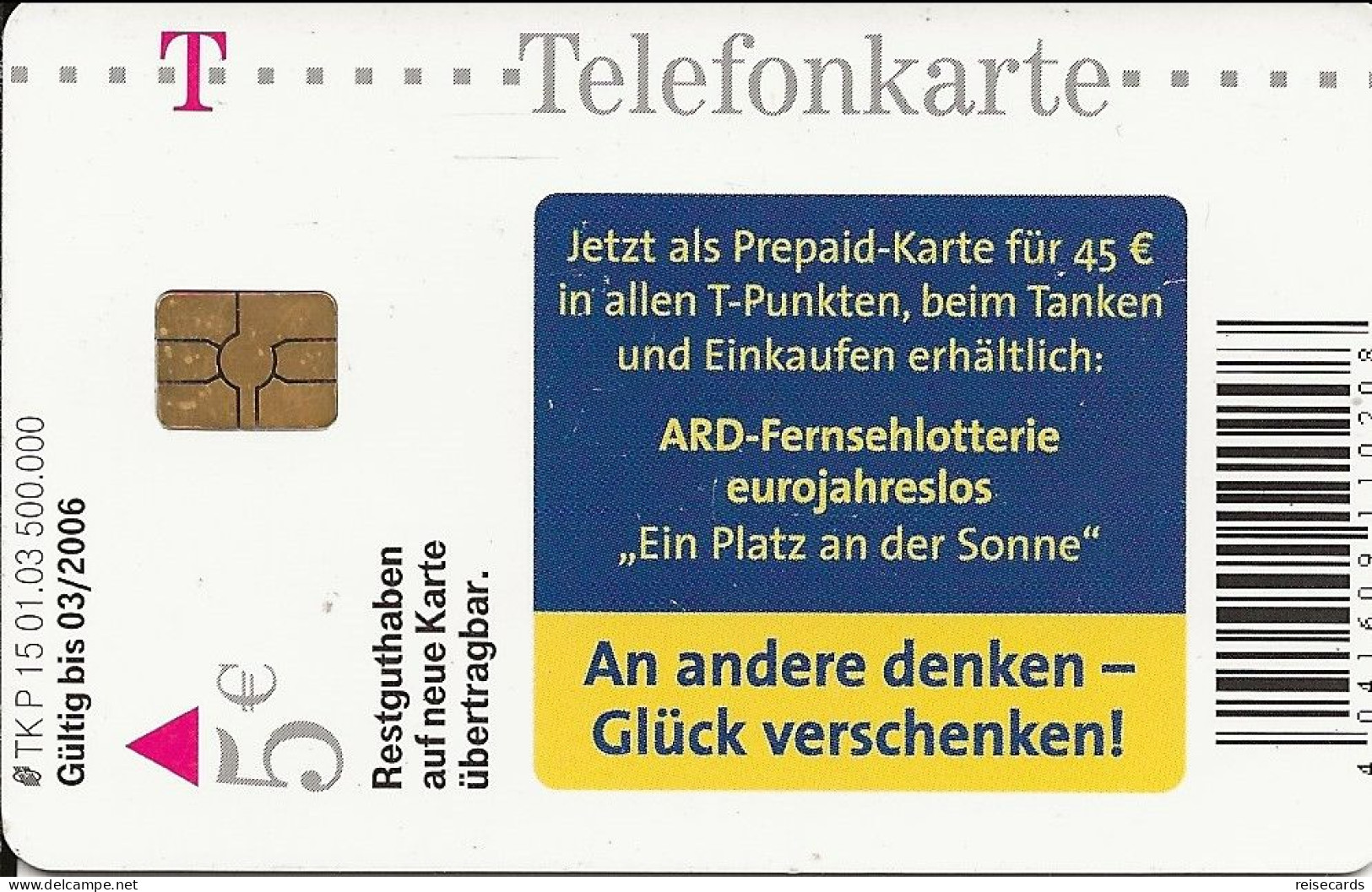 Germany: Telekom P 15 01.03 ARD-Fernsehlotterie, Eurojahreslos - O-Series: Kundenserie Vom Sammlerservice Ausgeschlossen