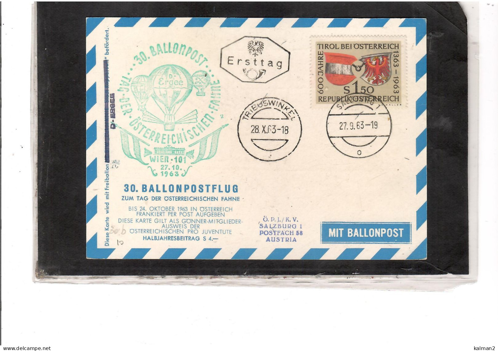 TEM20480  -  WIEN  27.10.1963  /  30. BALLONPOSTFLUG -  NETTO KATALOG NR. 30b   - BALLON "   D-ERGEE " - Fesselballons