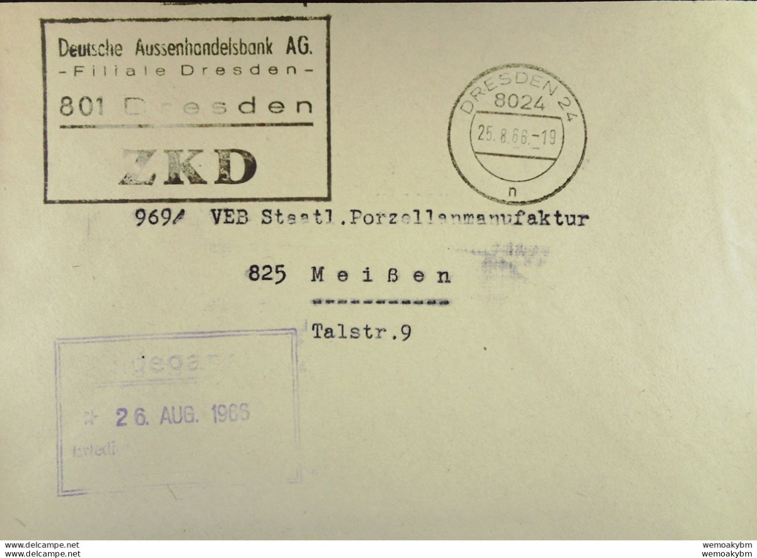 Fern-Brief Mit ZKD-Kastenstempel "Deutsche Aussenhandelsbank AG -Filiale Dresden- 801 Dresden" Vom 25.8.66 Nach Meissen - Central Mail Service