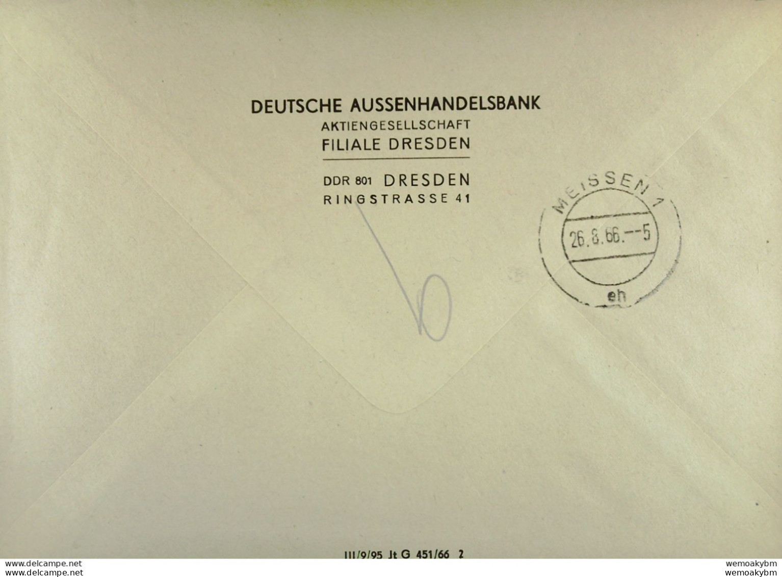 Fern-Brief Mit ZKD-Kastenstempel "Deutsche Aussenhandelsbank AG -Filiale Dresden- 801 Dresden" Vom 25.8.66 Nach Meissen - Central Mail Service