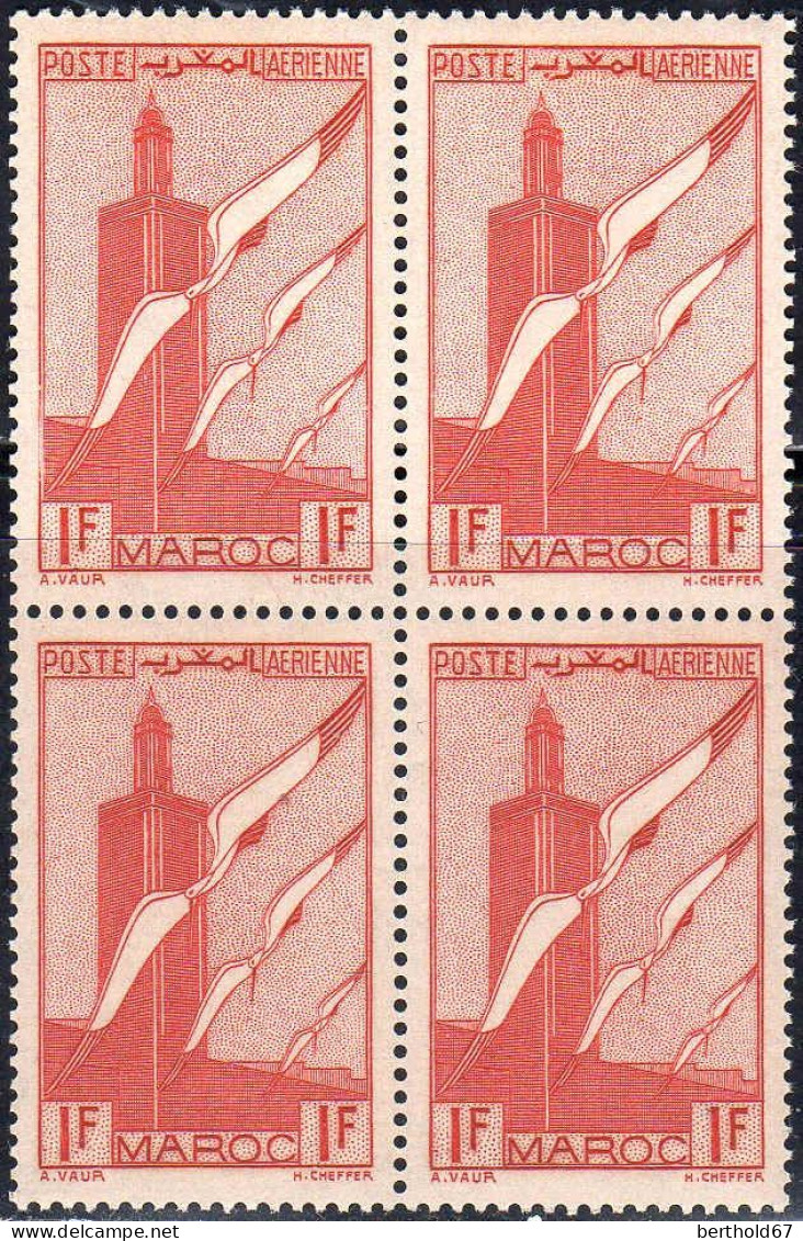 Maroc (Prot.Fr) Avion N** Yv: 44 Mi:177 Minaret De Chella Cigognes Bloc De 4 - Poste Aérienne