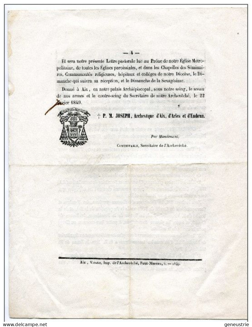 Magnifique Document De 1849 "Lettre Pastorale De L'archevéque D'Aix (en Provence), D'Arles Et D'Embrun" Bouche-du-Rhône - Religión & Esoterismo