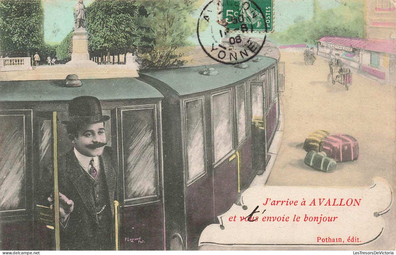 FANTAISIES - Hommes - J'arrive à Avallon Et T'envoie Le Bonjour - Train - Carte Postale Ancienne - Männer