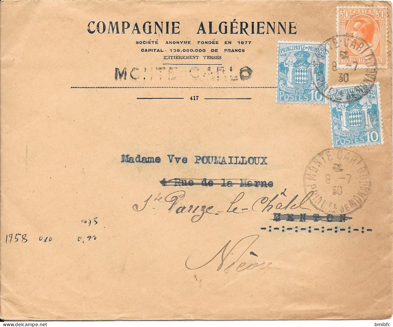 1930 Sur Lettre  COMPAGNIE ALGÉRIENNE  MONTE-CARLO - Lettres & Documents