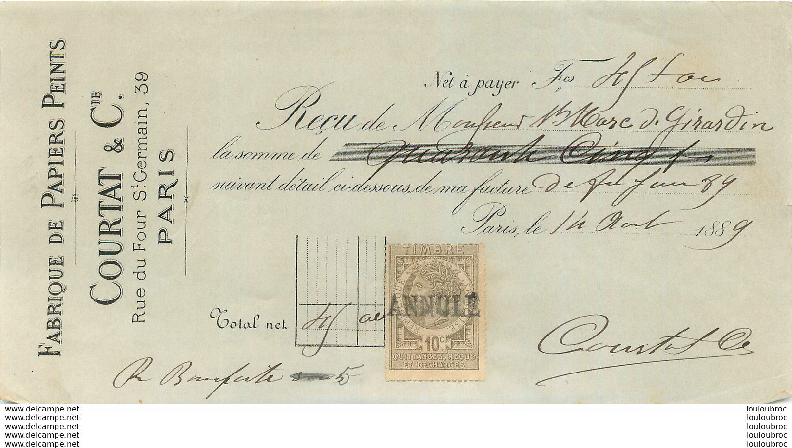 PARIS COURTAT ET CIE MANUFACTURE DE PAPIERS PEINTS 1889 AVEC LA LETTRE DE CHANGE - 1800 – 1899