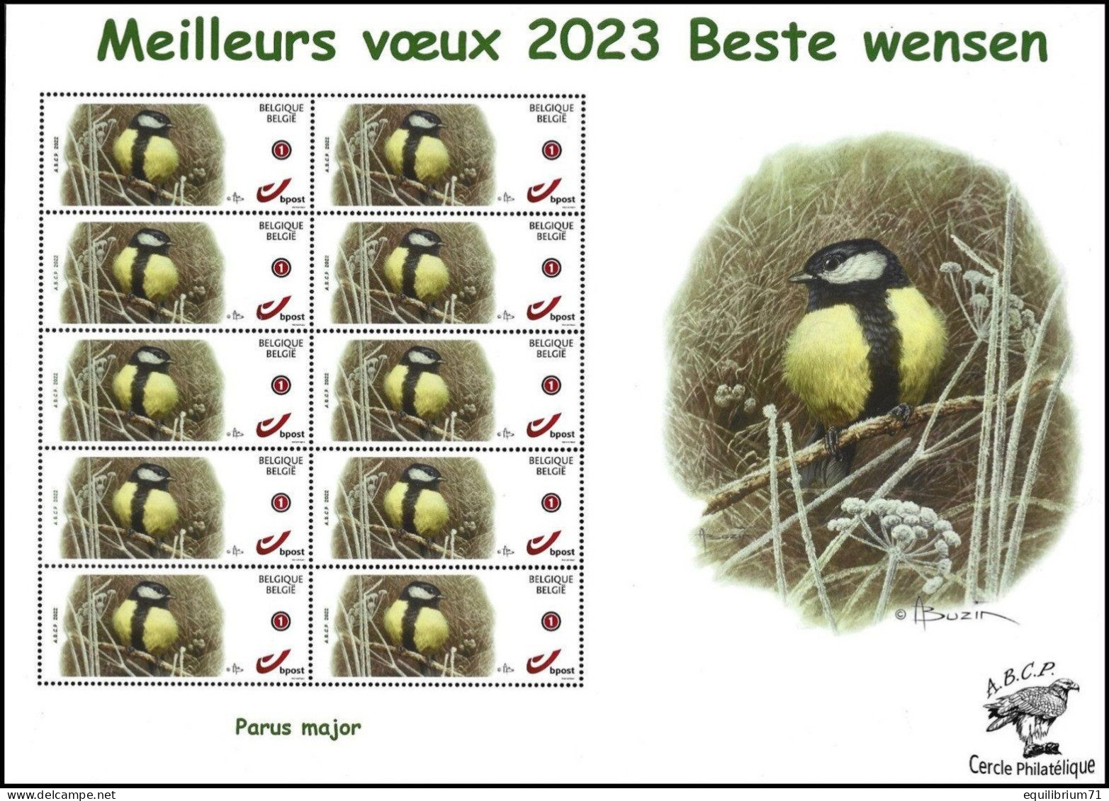 DUOSTAMP** / MYSTAMP** - Mésange Charbonnière / Koolmees / Parus Major - Meilleurs Vœux 2023 - BUZIN - ABCP - Zangvogels