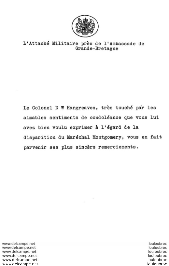 AMBASSADE DE GRANDE BRETAGNE DECES DU MARECHAL MONTGOMERY REMERCIEMENTS AUX CONDOLEANCES - Historical Documents