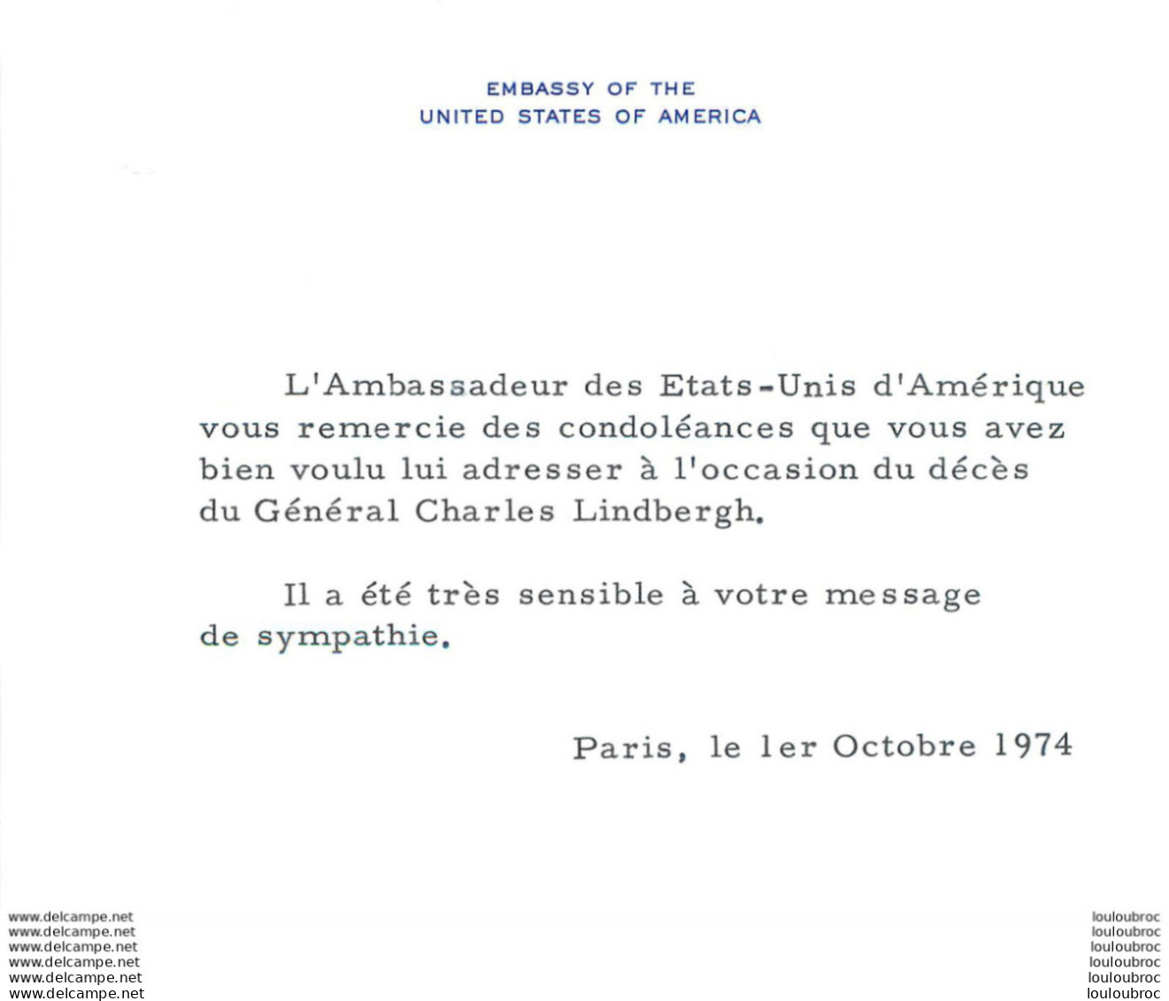 AMBASSADE DES ETATS UNIS DECES DU GENERAL CHARLES LINDBERGH REMERCIEMENTS AUX CONDOLEANCES 10/1974 - Historische Dokumente