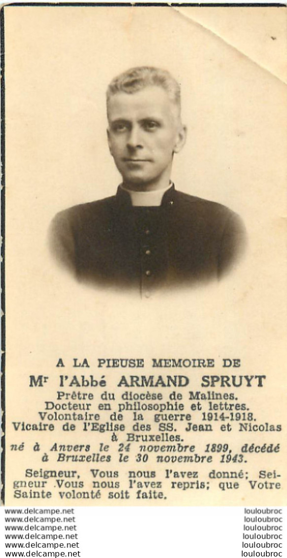 MEMENTO ABBE ARMAND SPRUYT DE ANVERS VICAIRE DE L'EGLISE DE BRUXELLES MORT EN 11/1943 A 44 ANS - 1939-45