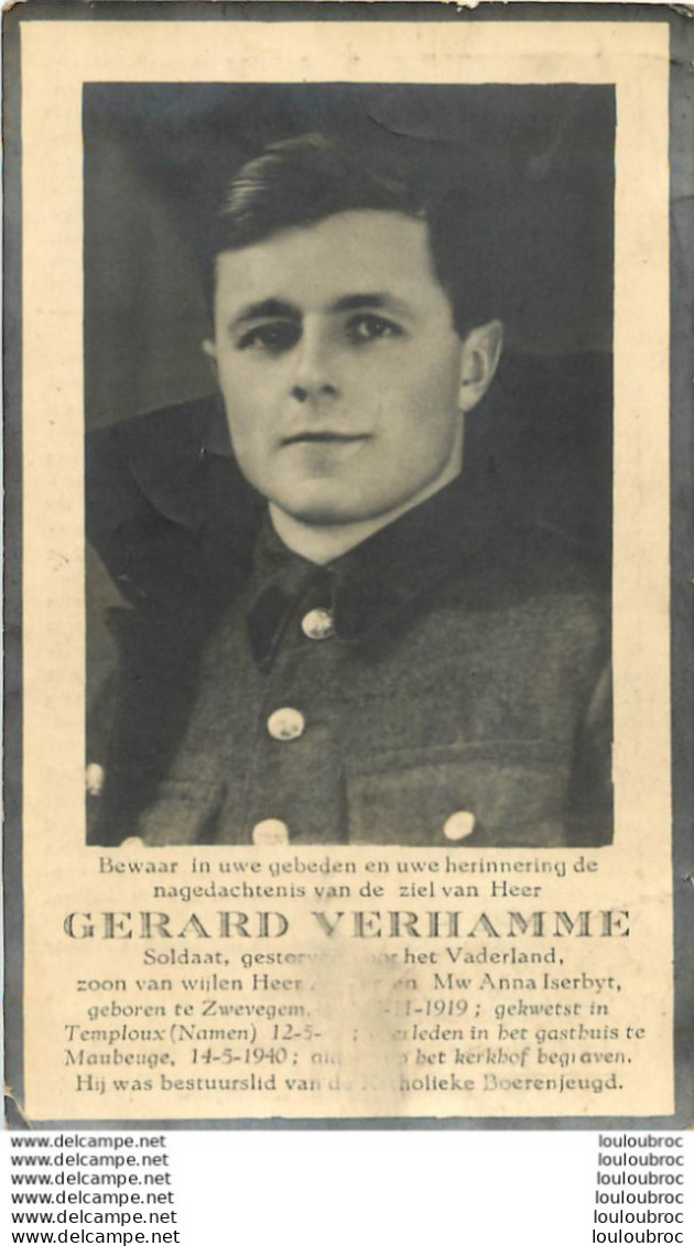 MEMENTO  GERARD VERHAMME NE  A ZWEVEGEM EN 1919 ET MORT A MAUBEUGE EN 05/1940 - 1939-45