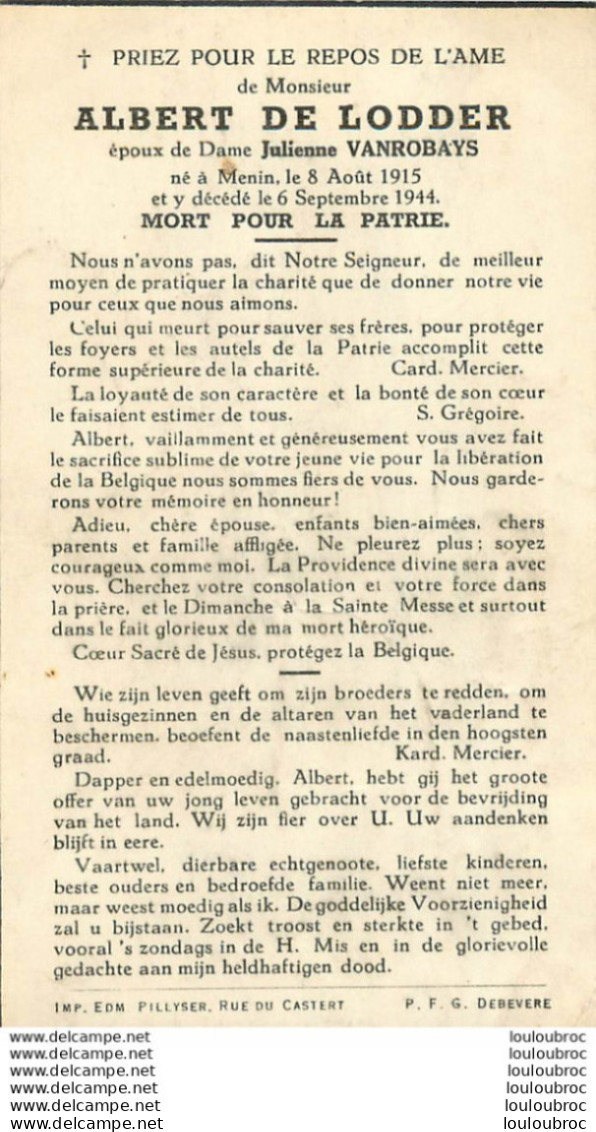 MEMENTO  ALBERT DE LODDER  DE MENIN MORT LE 06/09/1944 - Décès