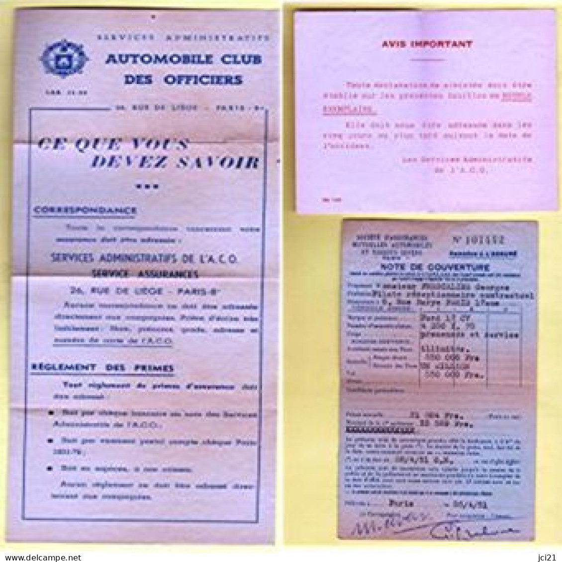 Lot : Notice Automobile Club Des Officiers, Avis Et Carte Assurance 1951_(1015)_RLVP37 - Cars