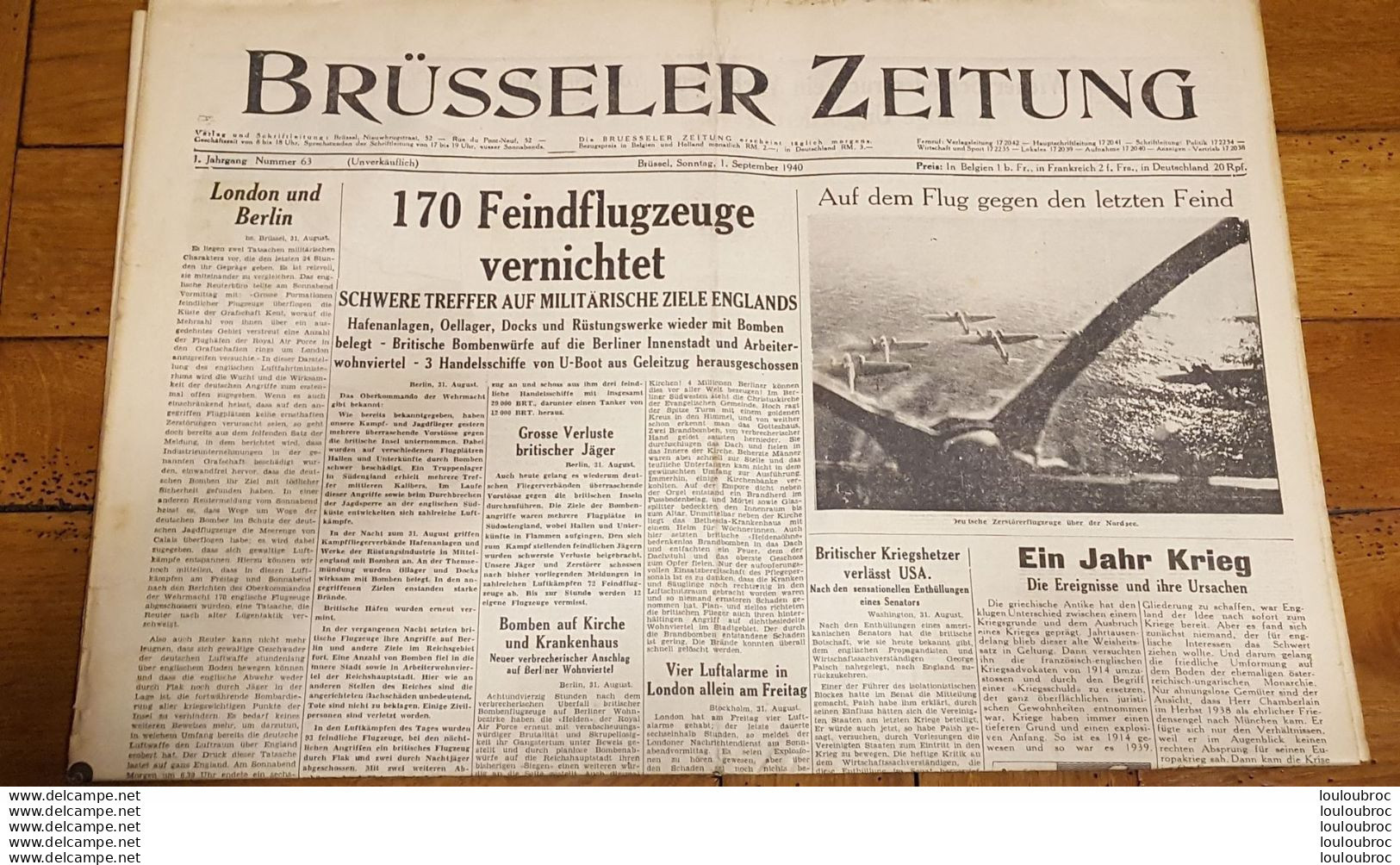 BRUSSELER ZEITUNG JOURNAL GERMANOPHONE BRUXELLES 01/09/1940 GRAND FORMAT 8 PAGES - 1939-45