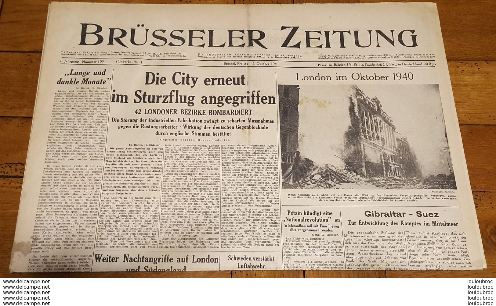 BRUSSELER ZEITUNG JOURNAL GERMANOPHONE BRUXELLES 11/10/1940 GRAND FORMAT 8 PAGES - 1939-45