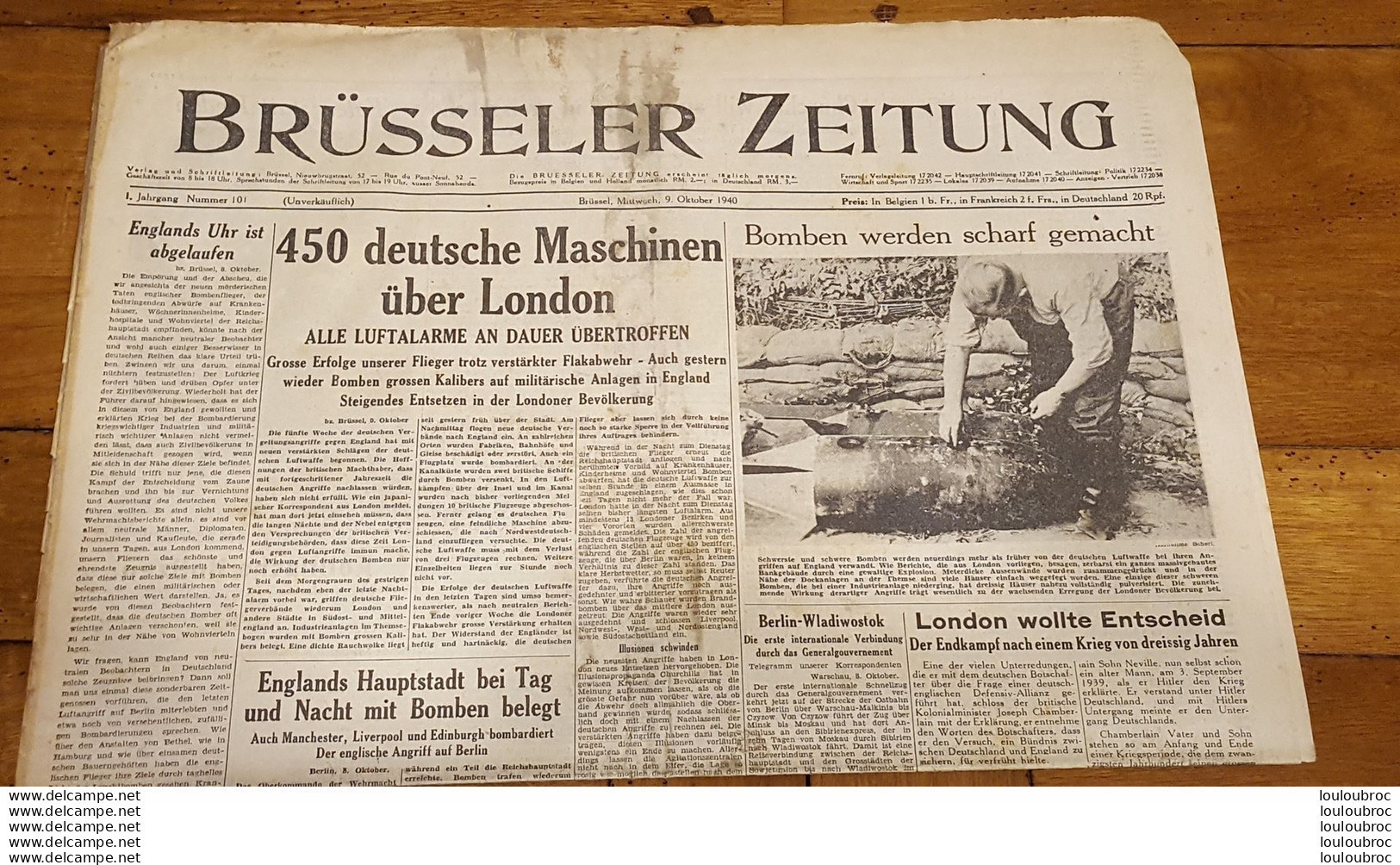 BRUSSELER ZEITUNG JOURNAL GERMANOPHONE BRUXELLES 09/10/1940 GRAND FORMAT 9 PAGES - 1939-45