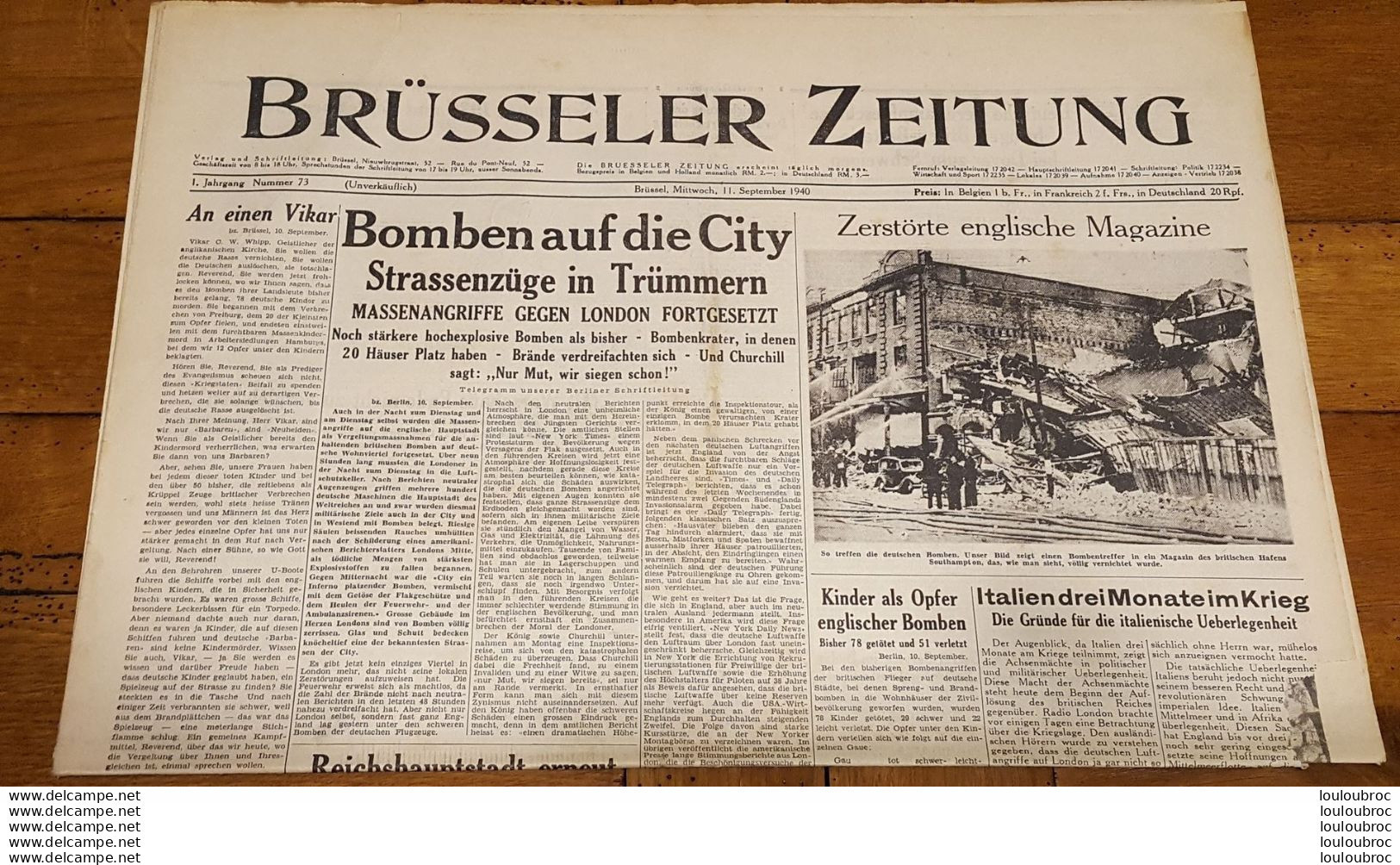 BRUSSELER ZEITUNG JOURNAL GERMANOPHONE BRUXELLES 11/09/1940 GRAND FORMAT 8 PAGES - 1939-45