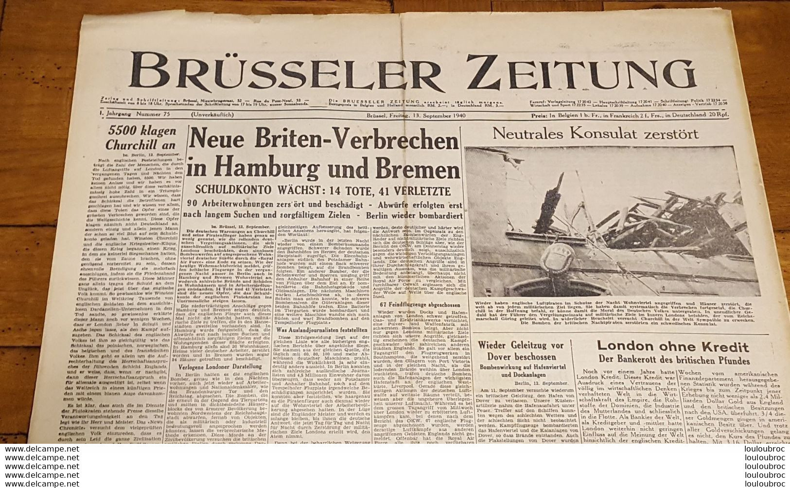 BRUSSELER ZEITUNG JOURNAL GERMANOPHONE BRUXELLES 13/09/1940 GRAND FORMAT 8 PAGES - 1939-45