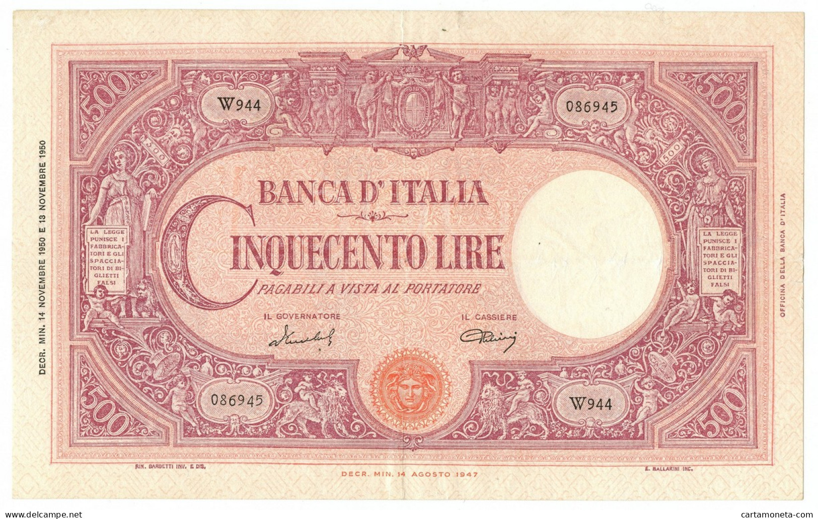 500 LIRE BARBETTI GRANDE C MEDUSA BI REPUBBLICA ITALIANA 14/11/1950 BB/BB+ - Altri & Non Classificati